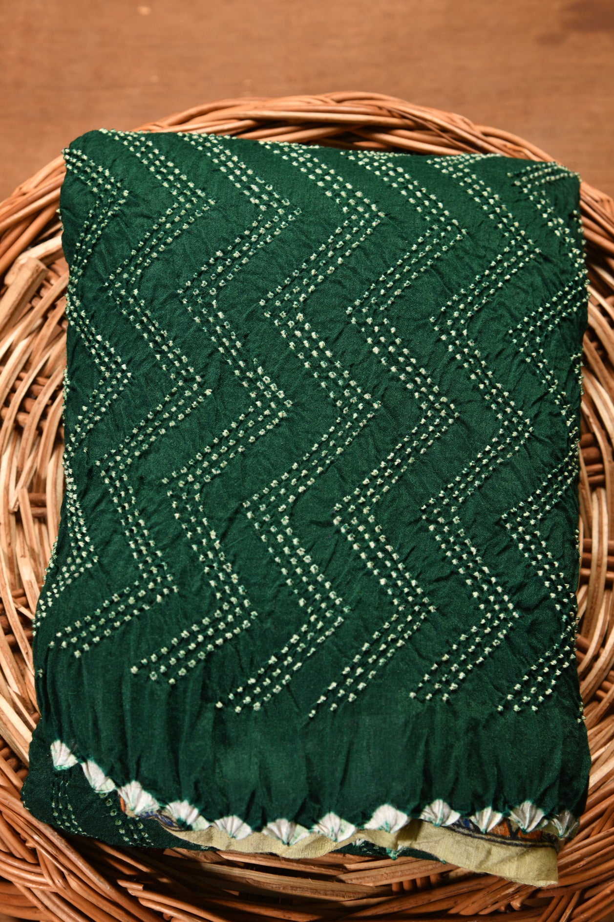  Chevron Bandhani Design With Madhubani Pallu Bottle Green Gaji Silk Saree 