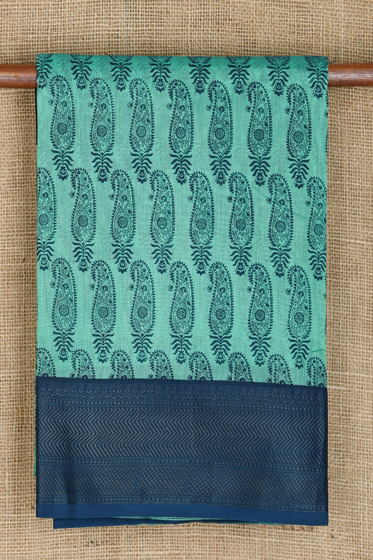  Contrast Border In Paisley Printed Mint Green Chanderi Cotton Saree 