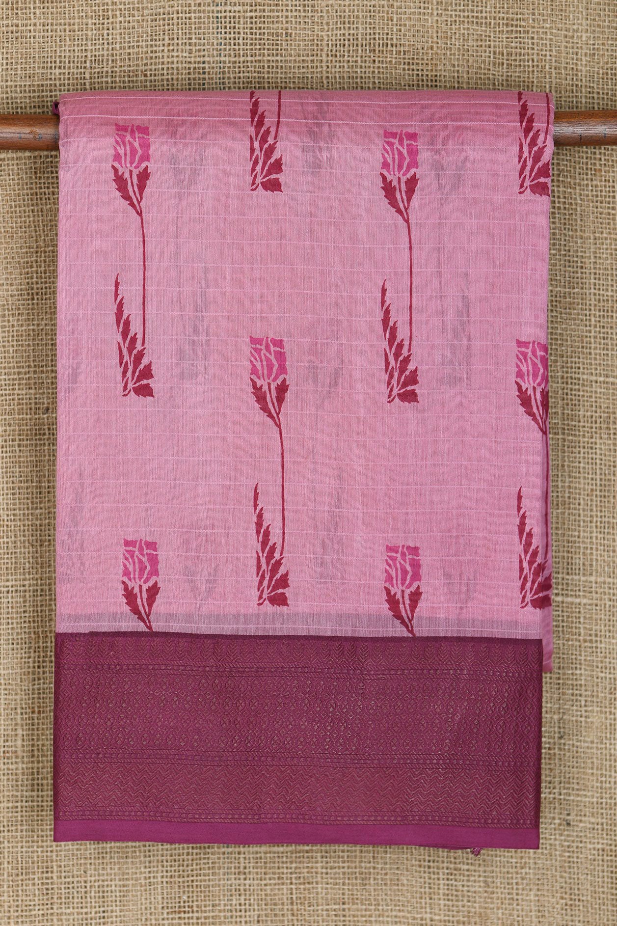  Contrast Border In Floral Printed Onion Pink Chanderi Cotton Saree 