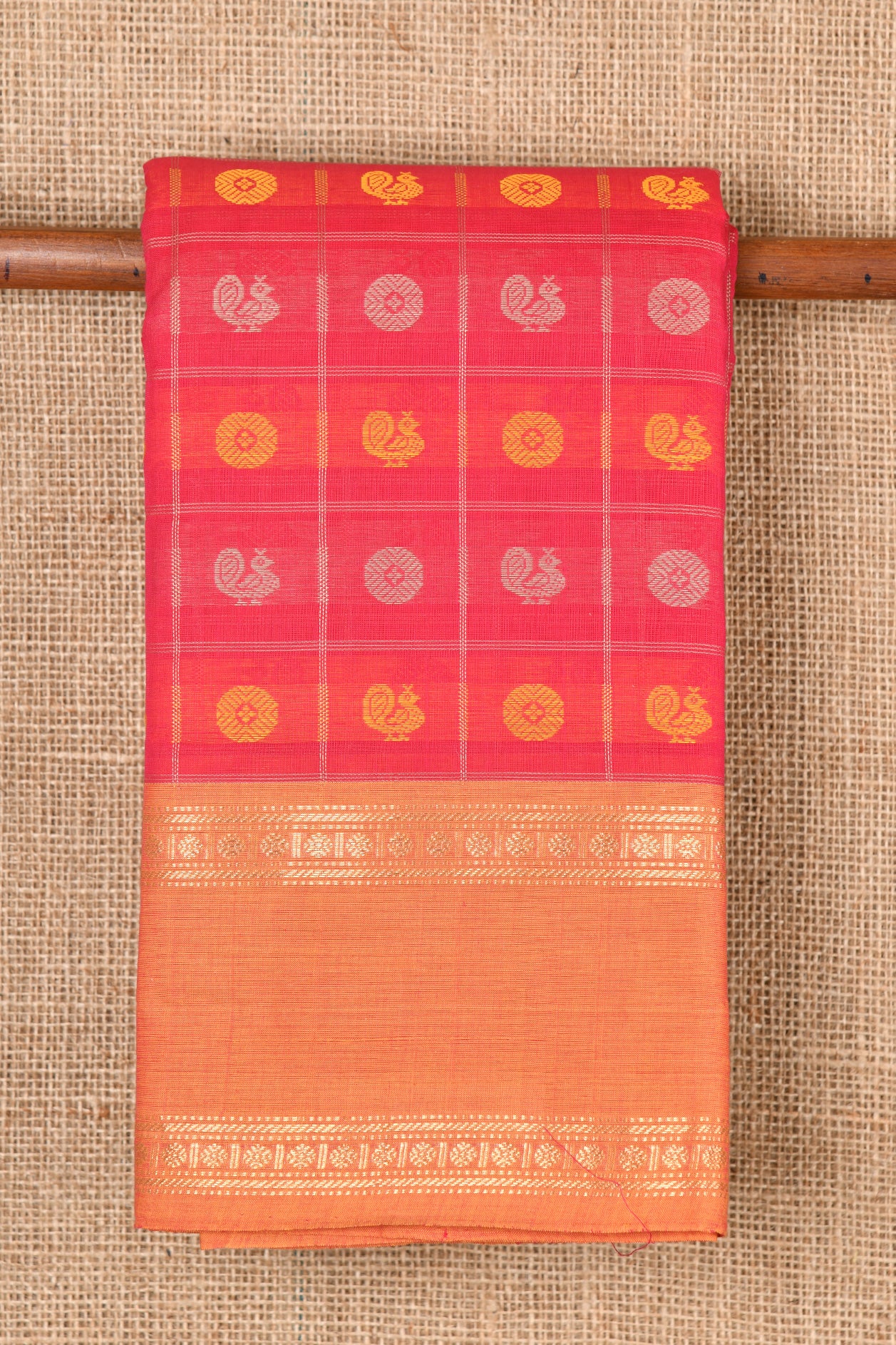  Checked Annam Motif Reddish Pink Chettinadu Cotton Saree 