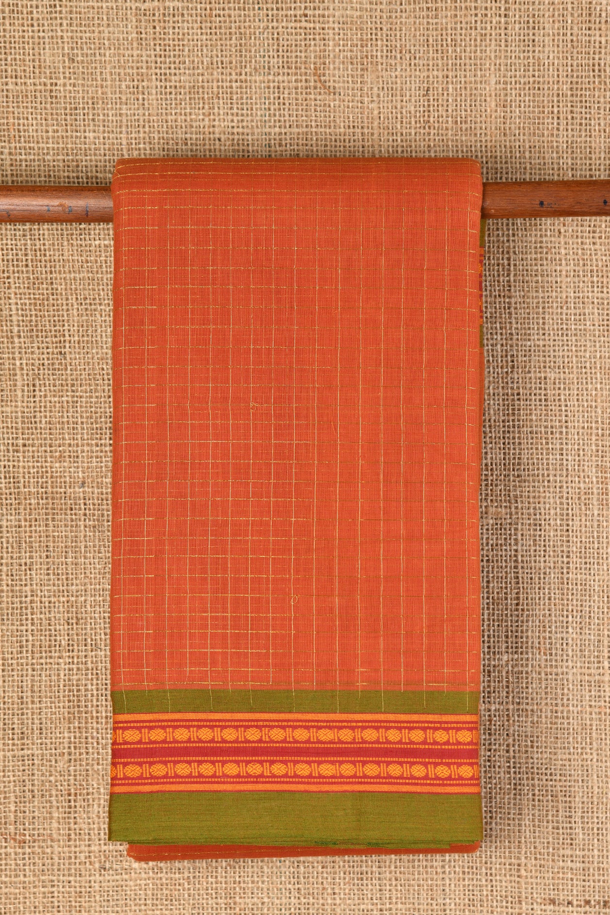  Checks Rust Orange Semi Gadwal Cotton Saree 