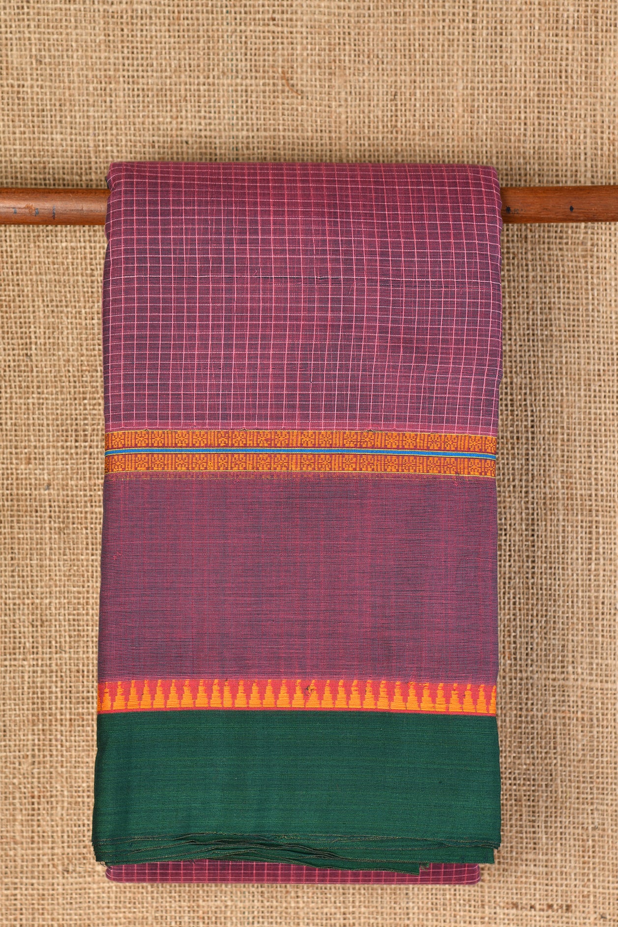  Checked Dark Magenta Semi Gadwal Cotton Saree 