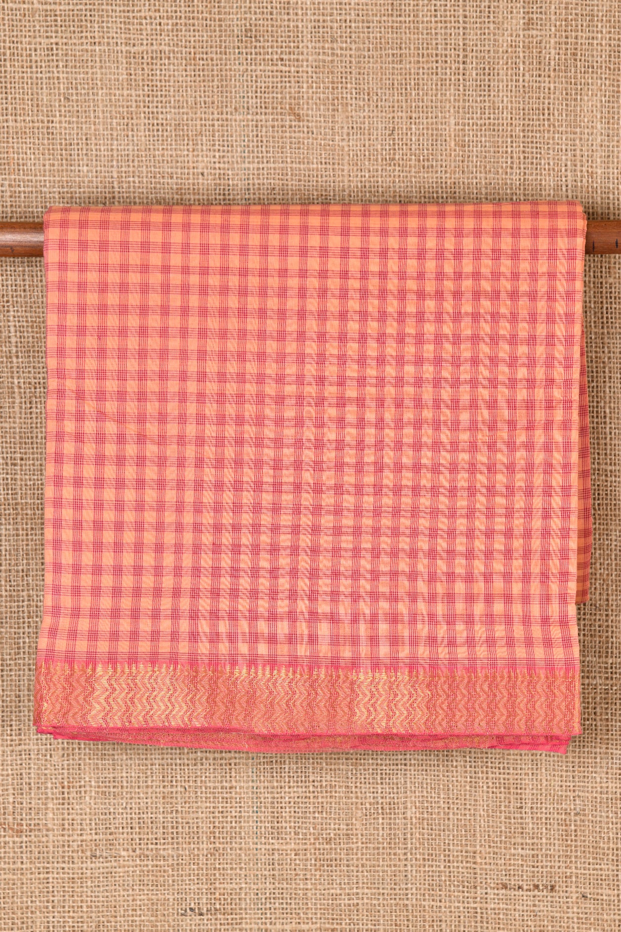  Checked Dark Peach Pink Mangalagiri Cotton Saree 