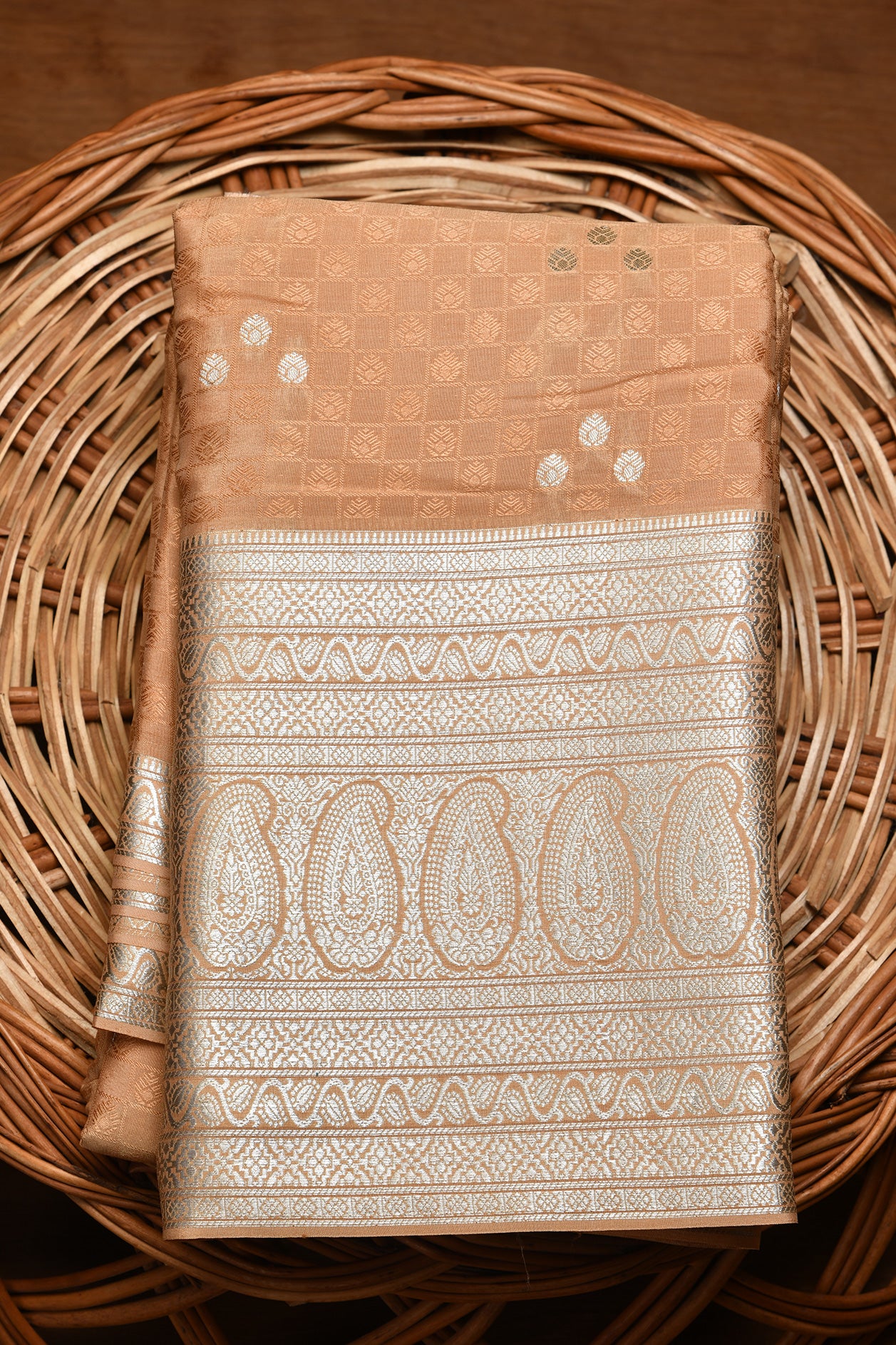  Checked Floral Motif Tan Mysore Silk Saree 