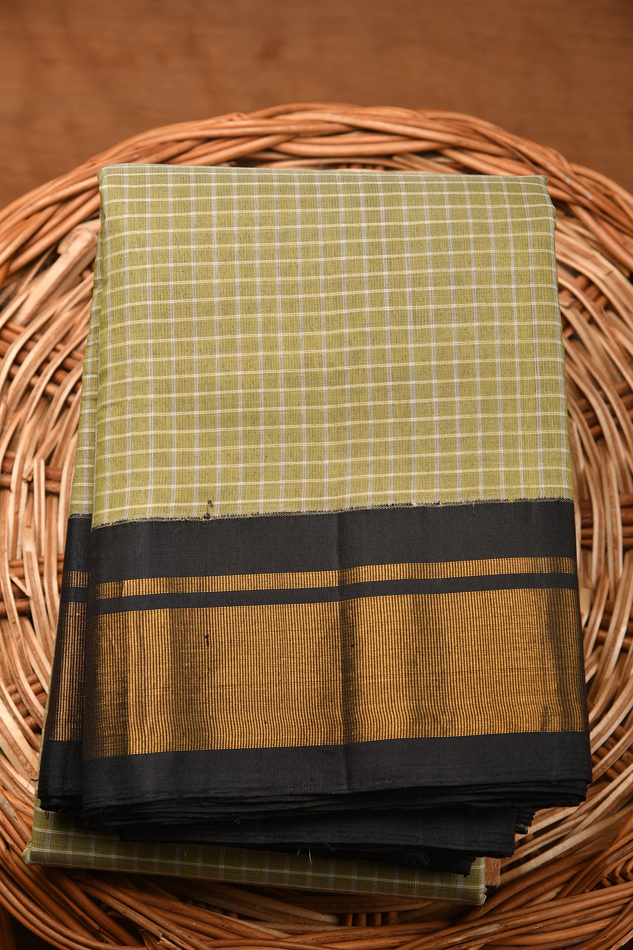  Checks Olive Brown Gadwal Silk Cotton Saree 