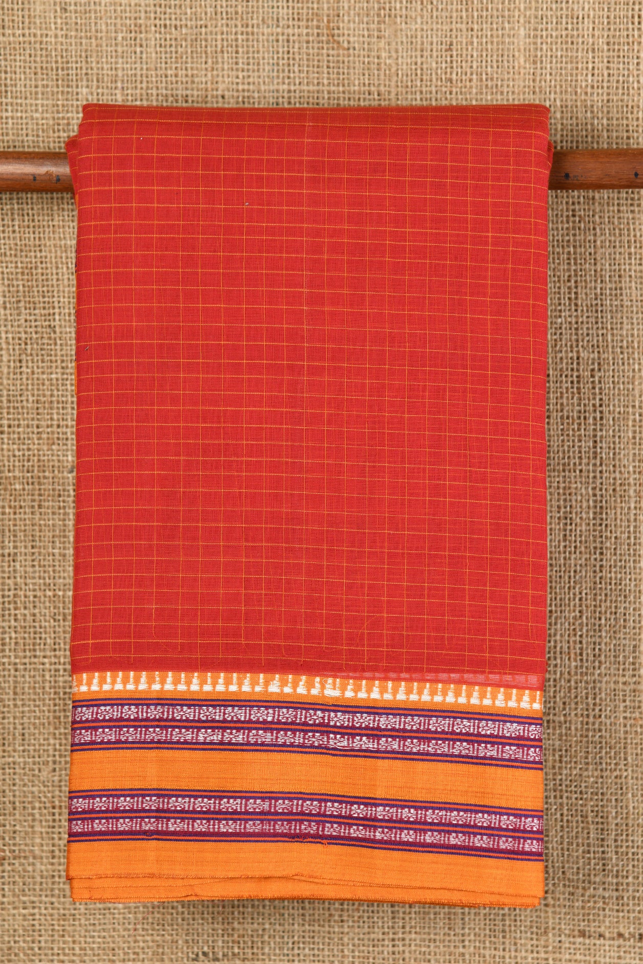  Checks Brick Red Semi Gadwal Cotton Saree 