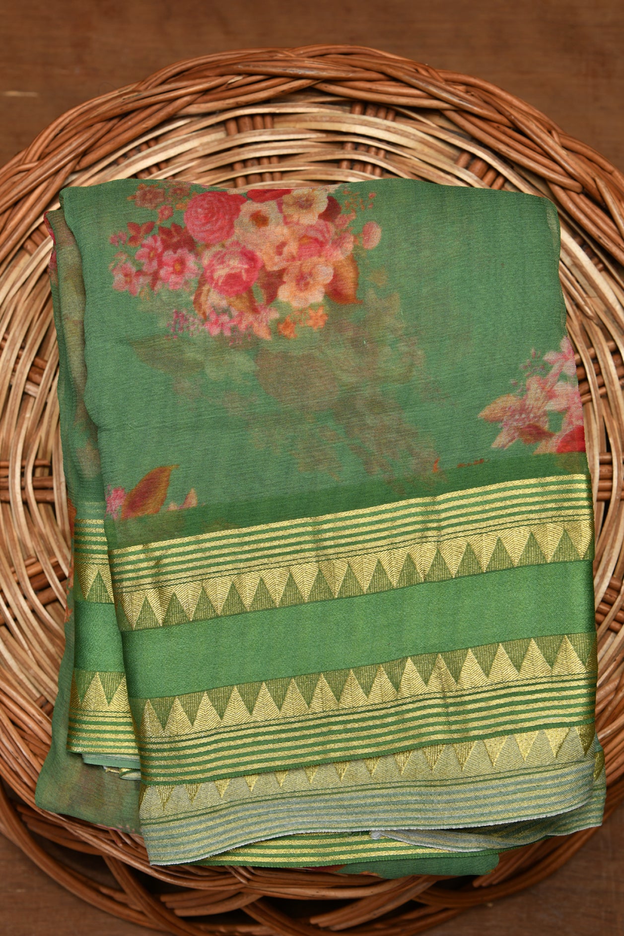  Tample Border Design Pista Green Chiffon Saree 