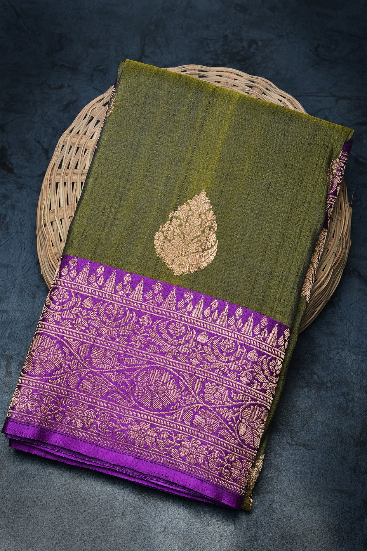  Contrast Border Gold Zari Floral Motif Olive Green Banaras Tussar Silk Saree 