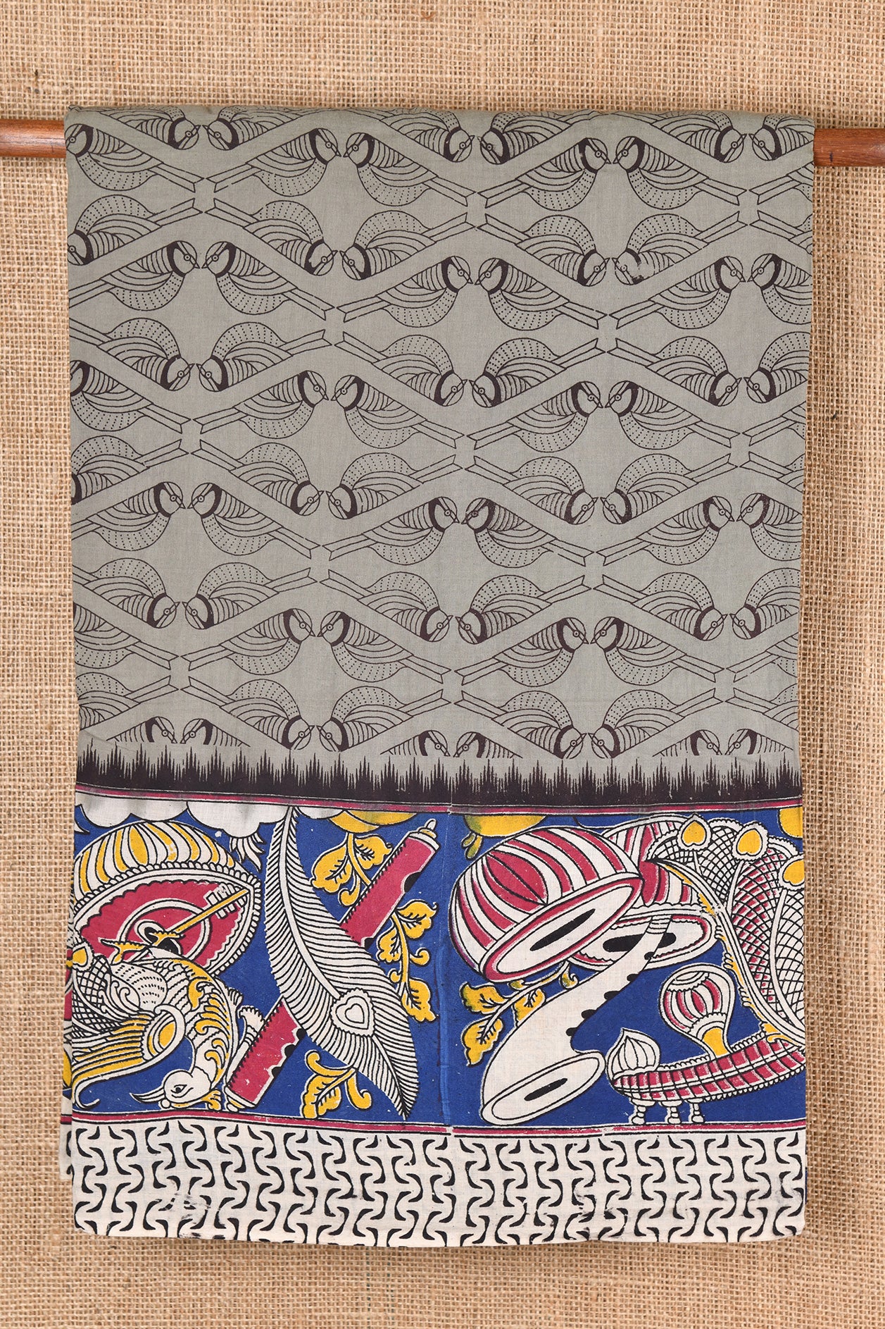  Contrast Border Grey Kalamkari Cotton Saree 