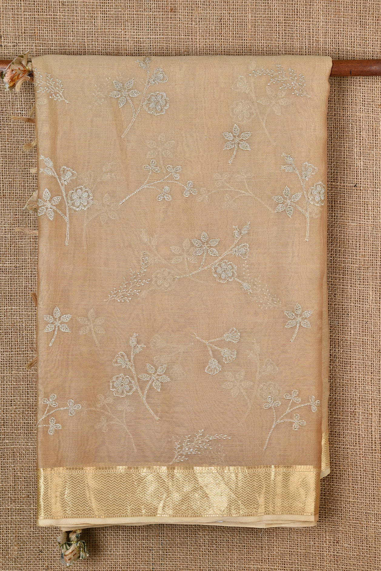  Embroidered Work Floral Design Beige Linen Saree 