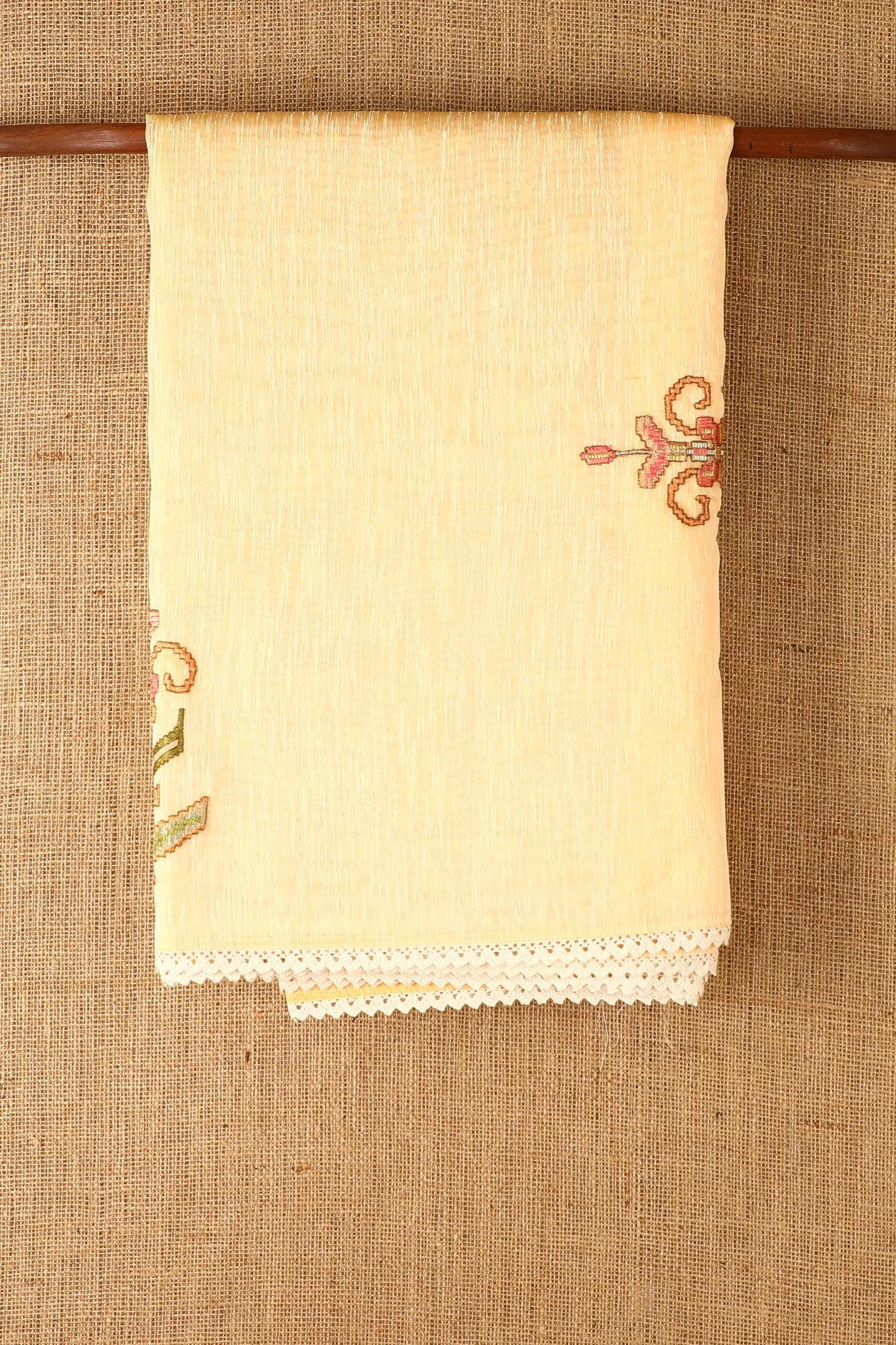  Embroidered Work Floral Design Yellow Linen Cotton Saree 