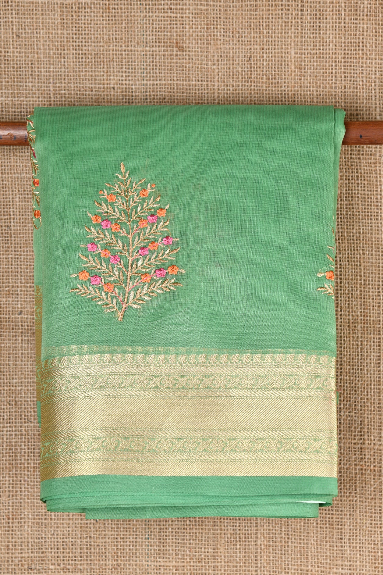  Embroidered Work Floral Motif Green Kota Cotton Saree 