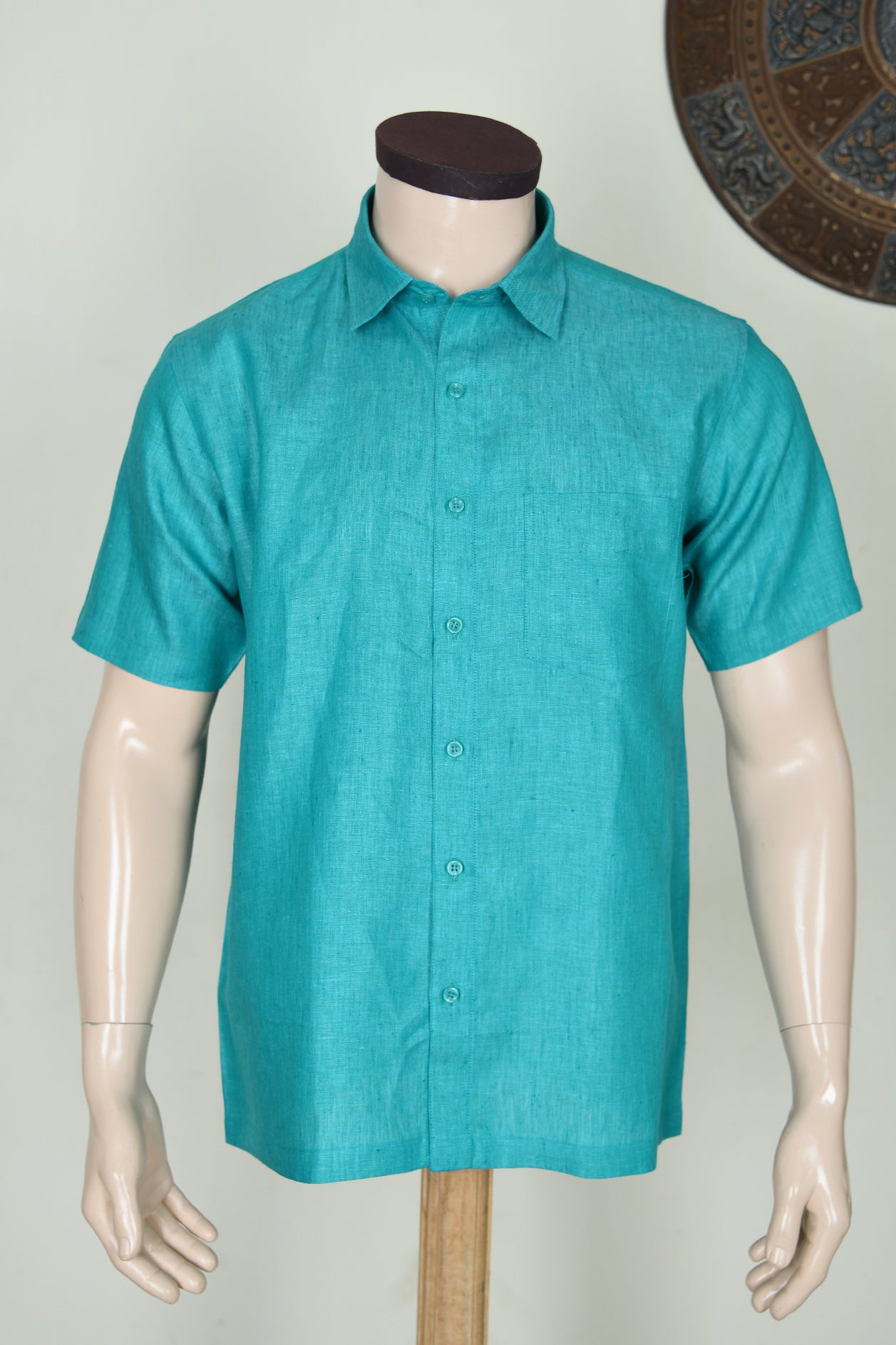  Regular Collar Plain Turquoise Blue Cotton Shirt 