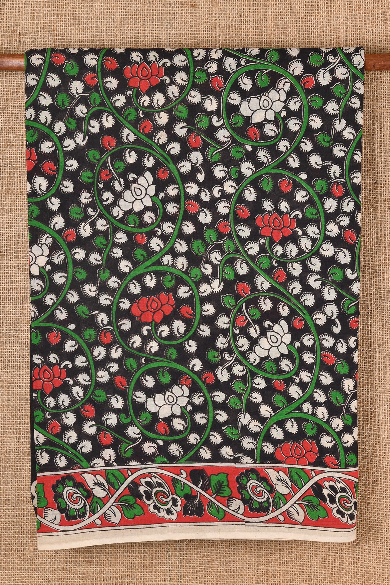  Floral Design Black Kalalamkari Cotton Saree 