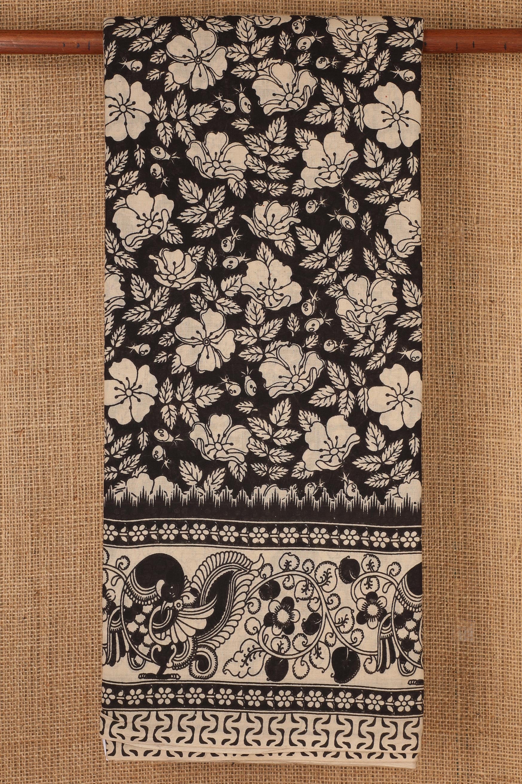  Floral Design Black Kalamkari Cotton Saree 