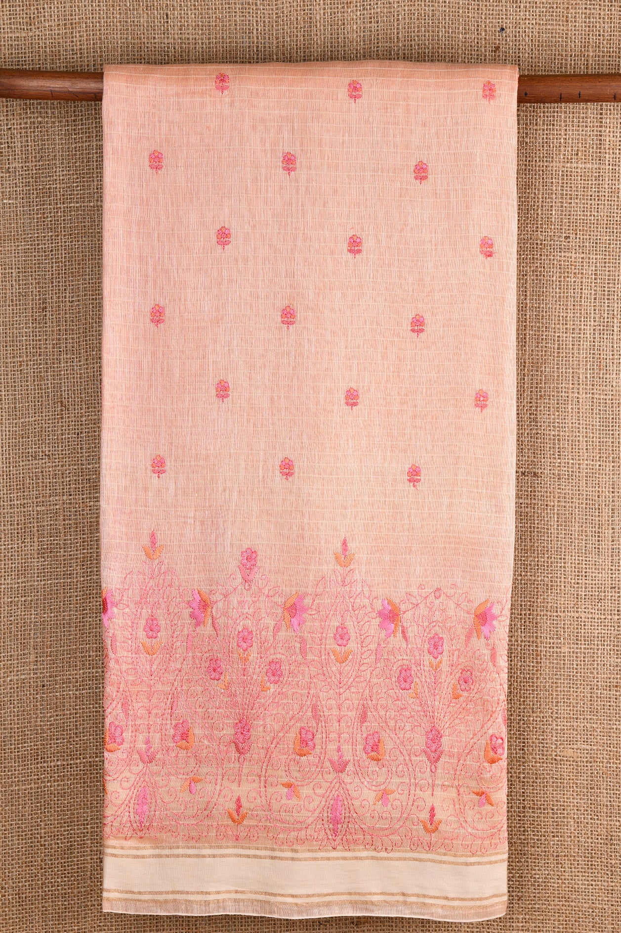  Floral Design Embroidery Work Pastel Neon Pink Linen Saree 