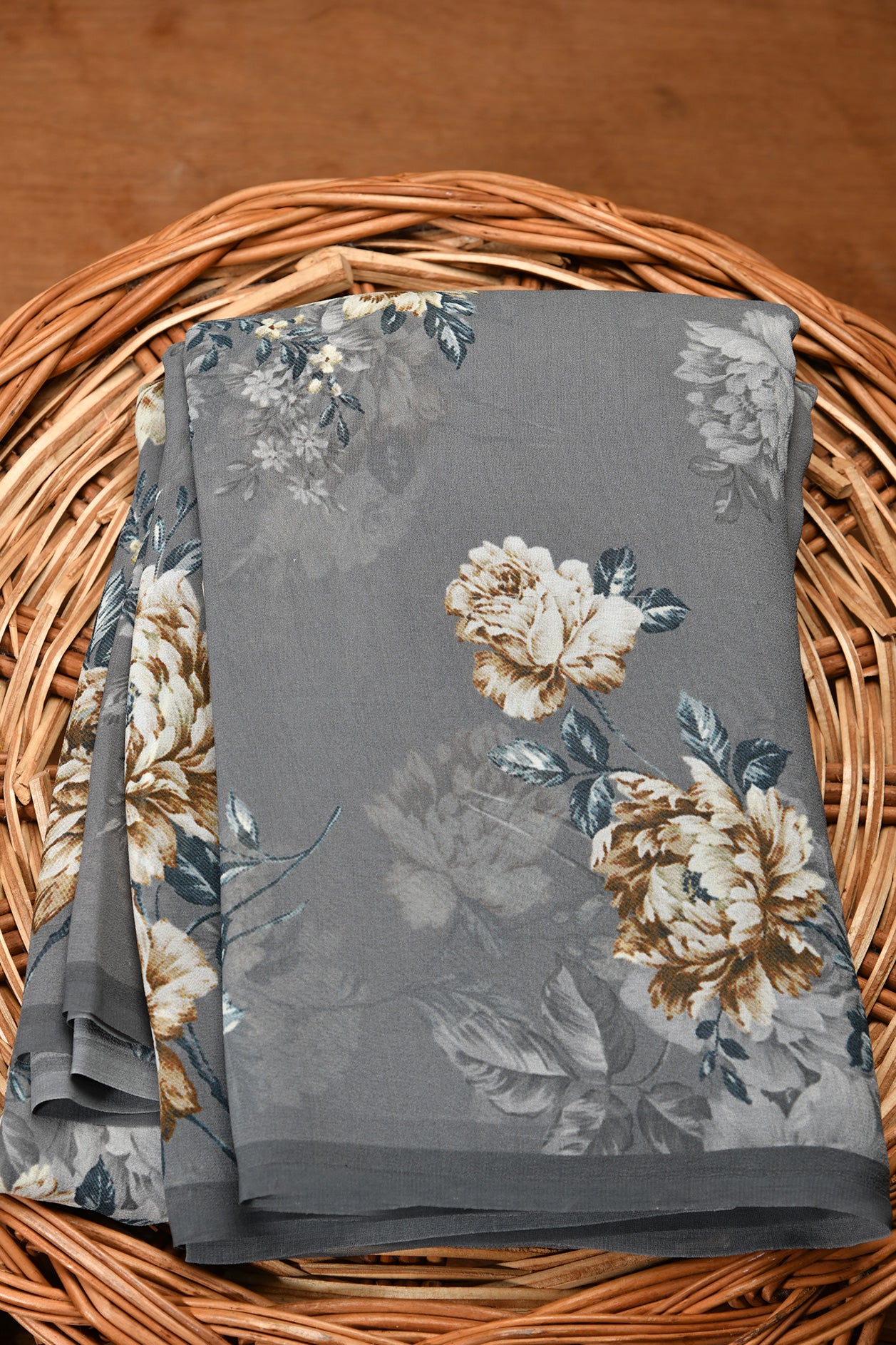  Botanical Print Grey Georgette Saree 