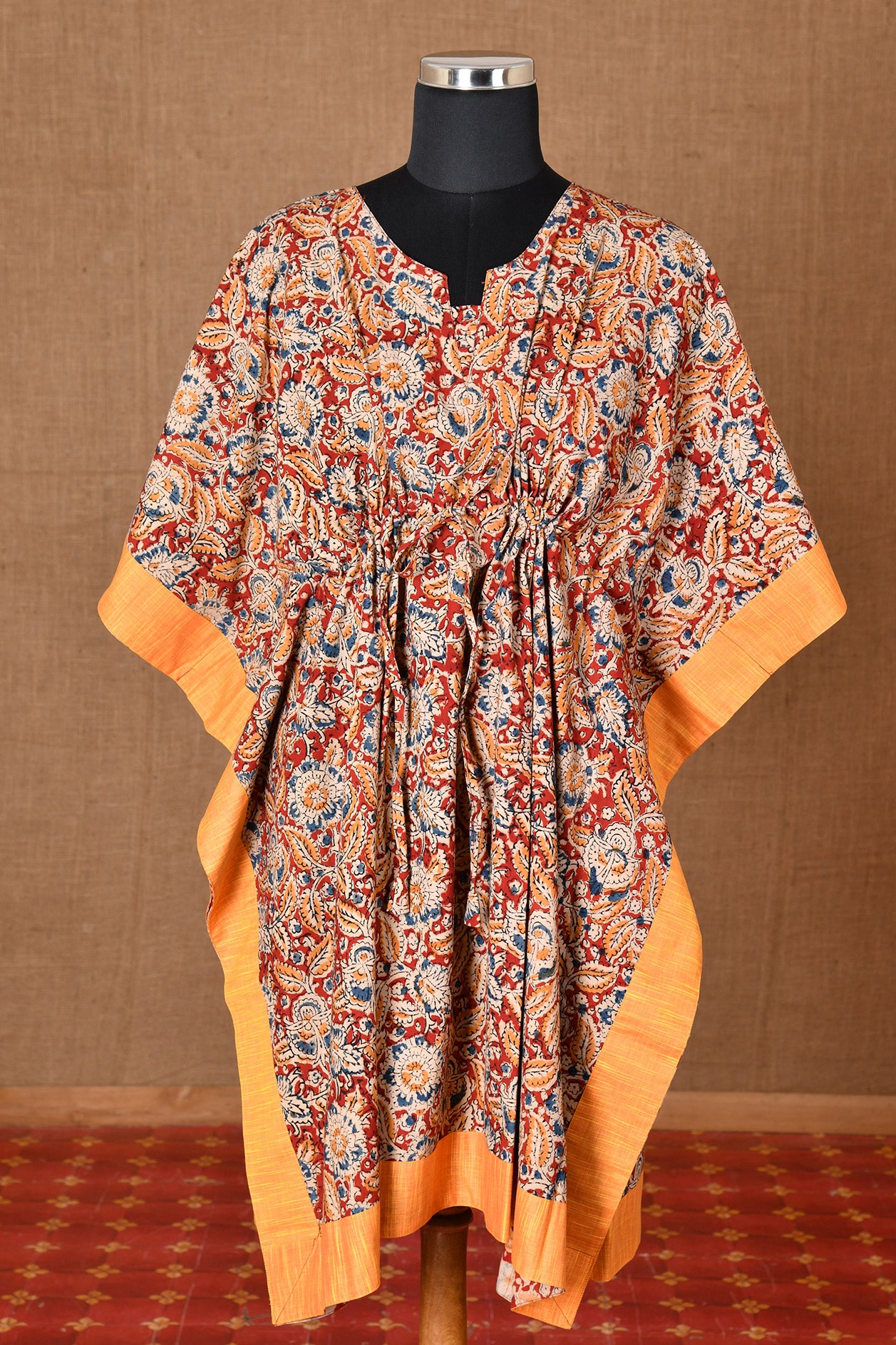  Floral Design Kalamkari Printed Cotton With Maroon Kaftans Night Wear 