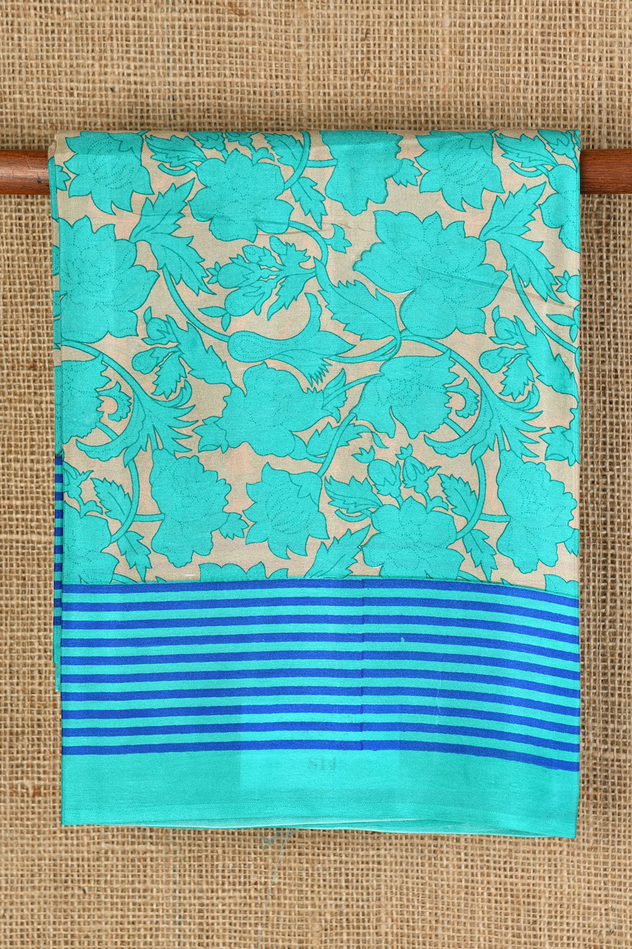  Cream And Turquoise Floral Design Printed Silk Saree 