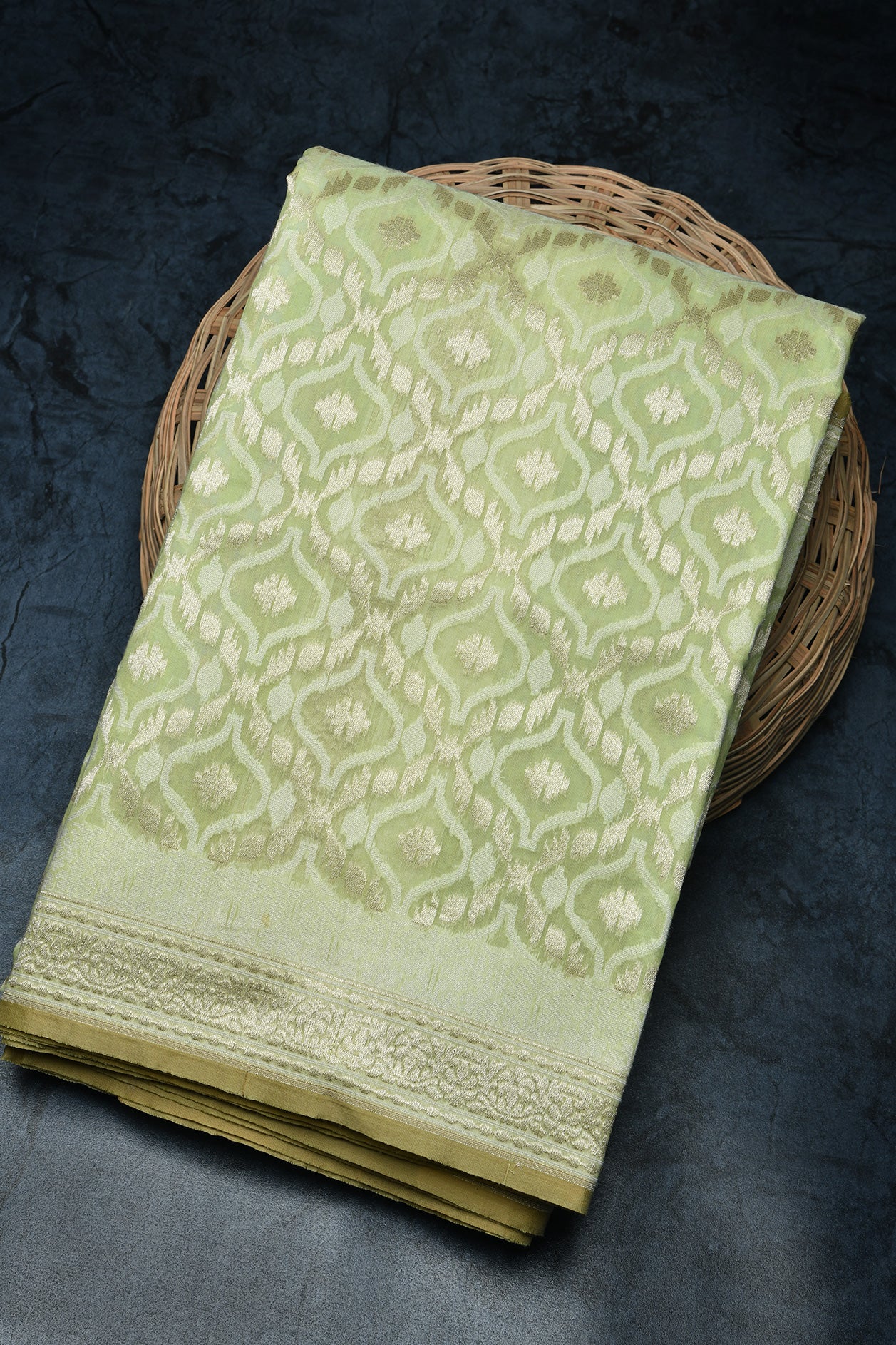  Geometric Floral Pastel Green Banaras Kora Silk Saree 