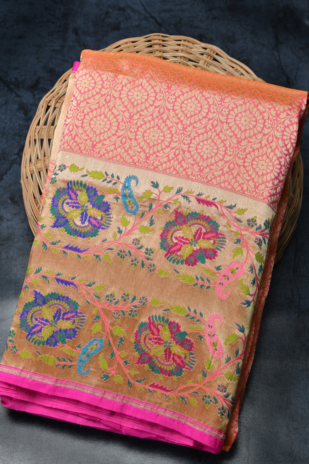  Floral Design Rose Pink Banaras Silk Saree 