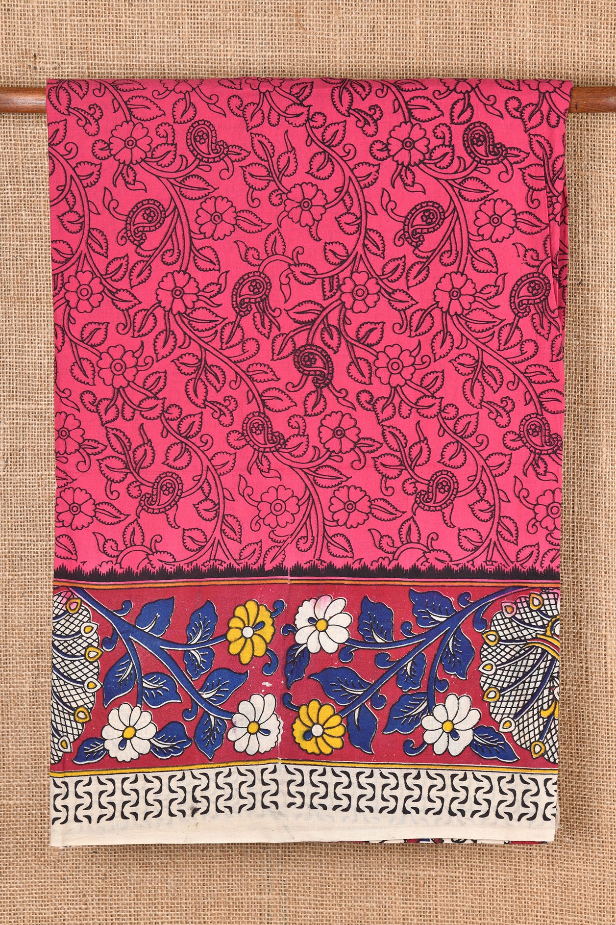  Floral Design Rose Pink Kalamkari Cotton Saree 