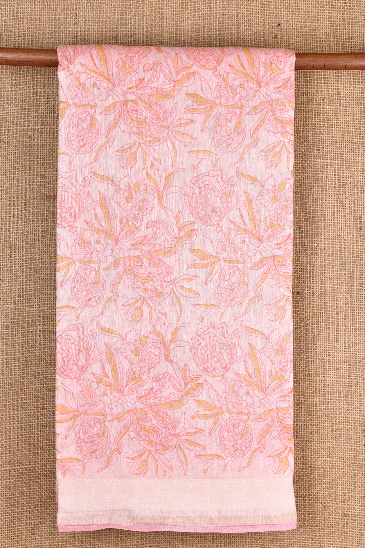  Floral Design Pastel Pink Linen Saree 