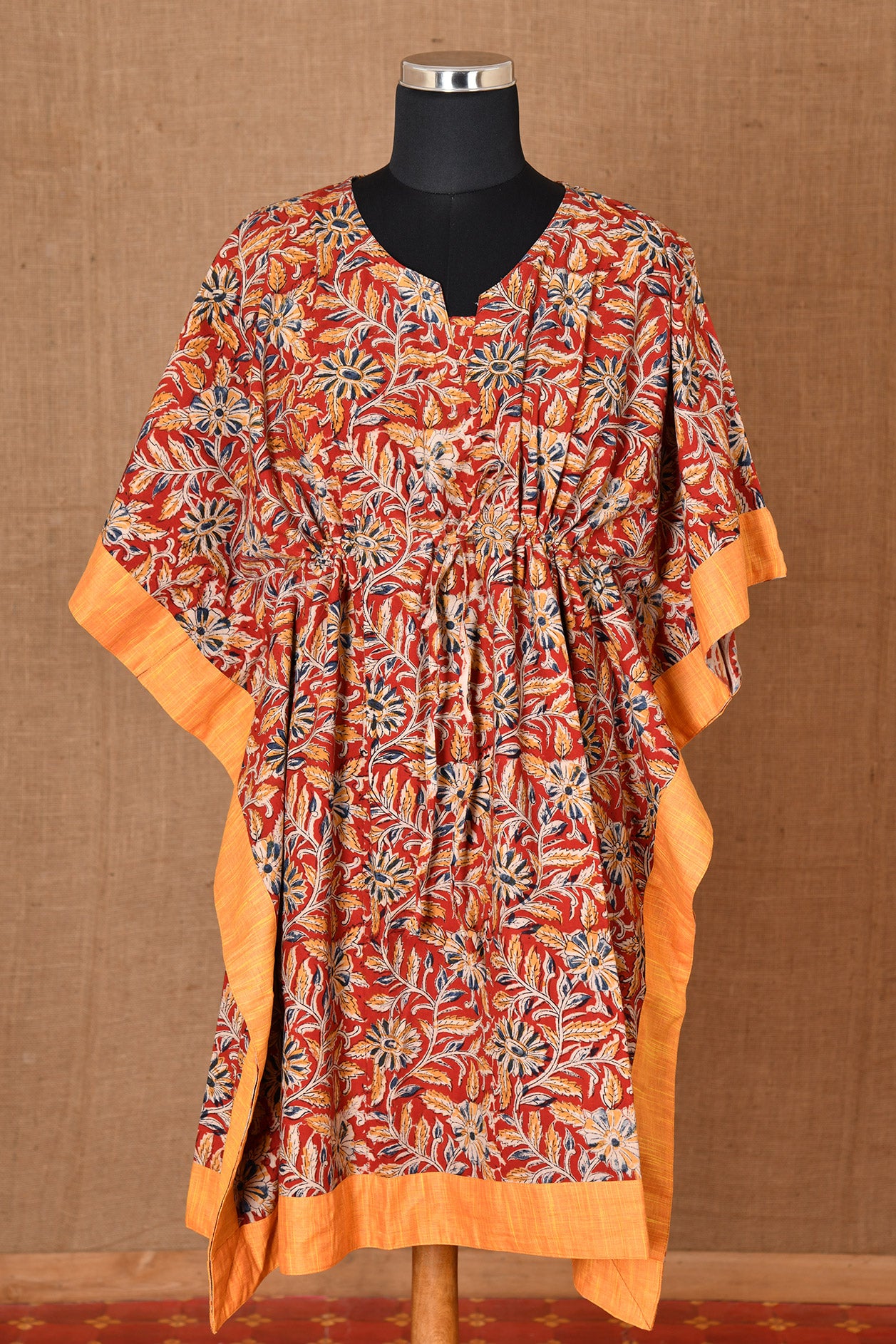  Floral Kalamkari Printed Cotton With Maroon Kaftans Night Wear 