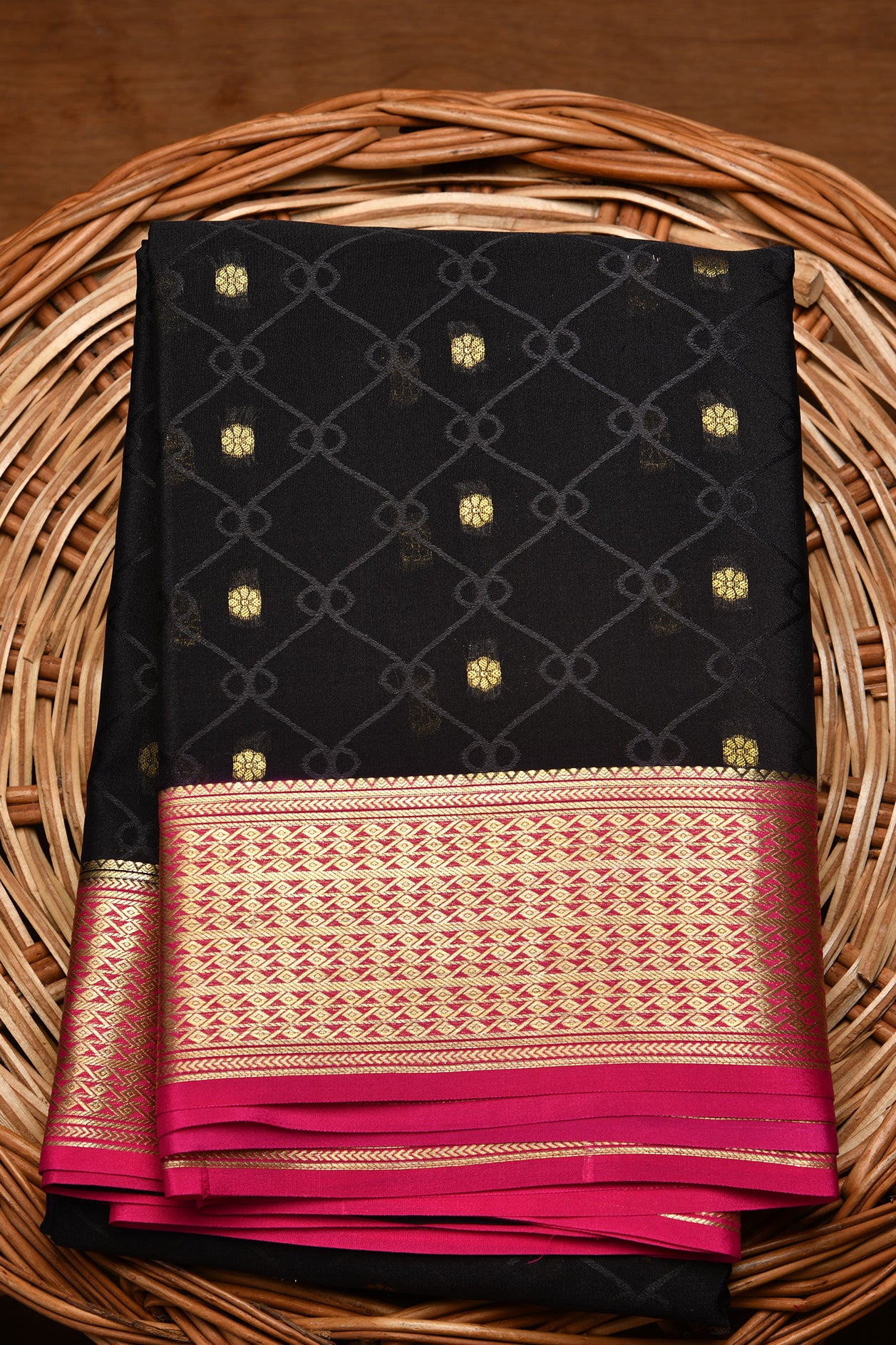  Floral Motif Black Mysore Silk Saree 