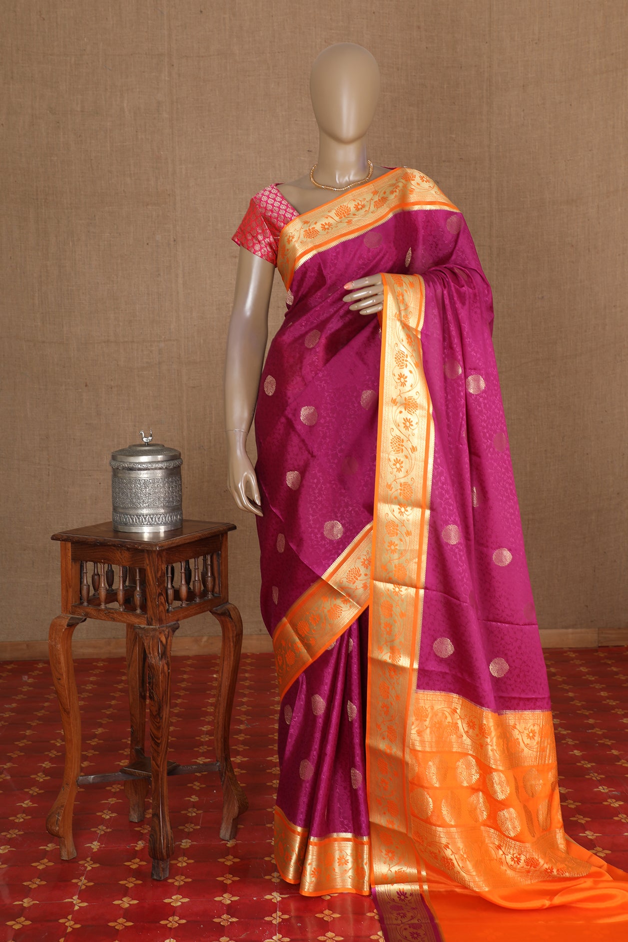  Floral Motif Dark Magenta Mysore Silk Saree 