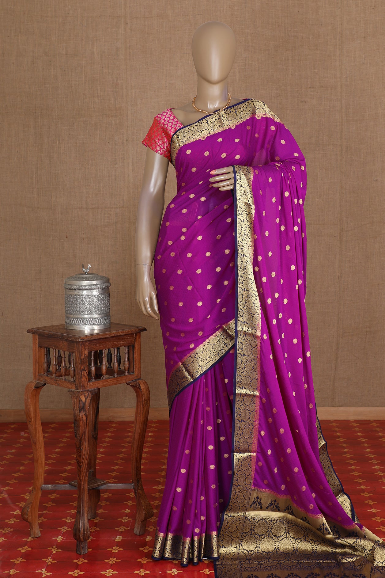  Floral Motif Dark Magenta Semi Crepe Silk Saree 