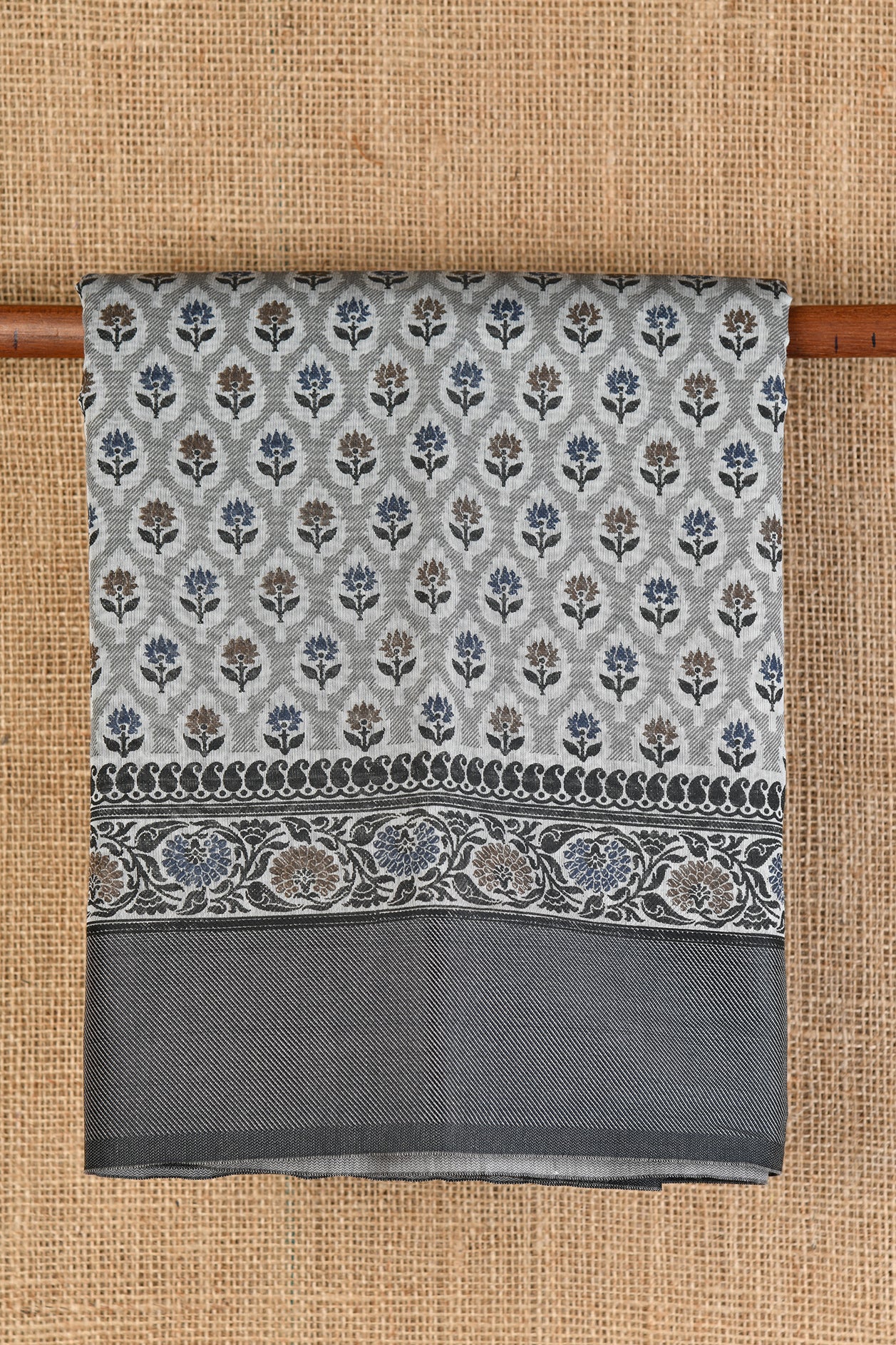  Floral Motif Light Grey Chanderi Cotton Saree 