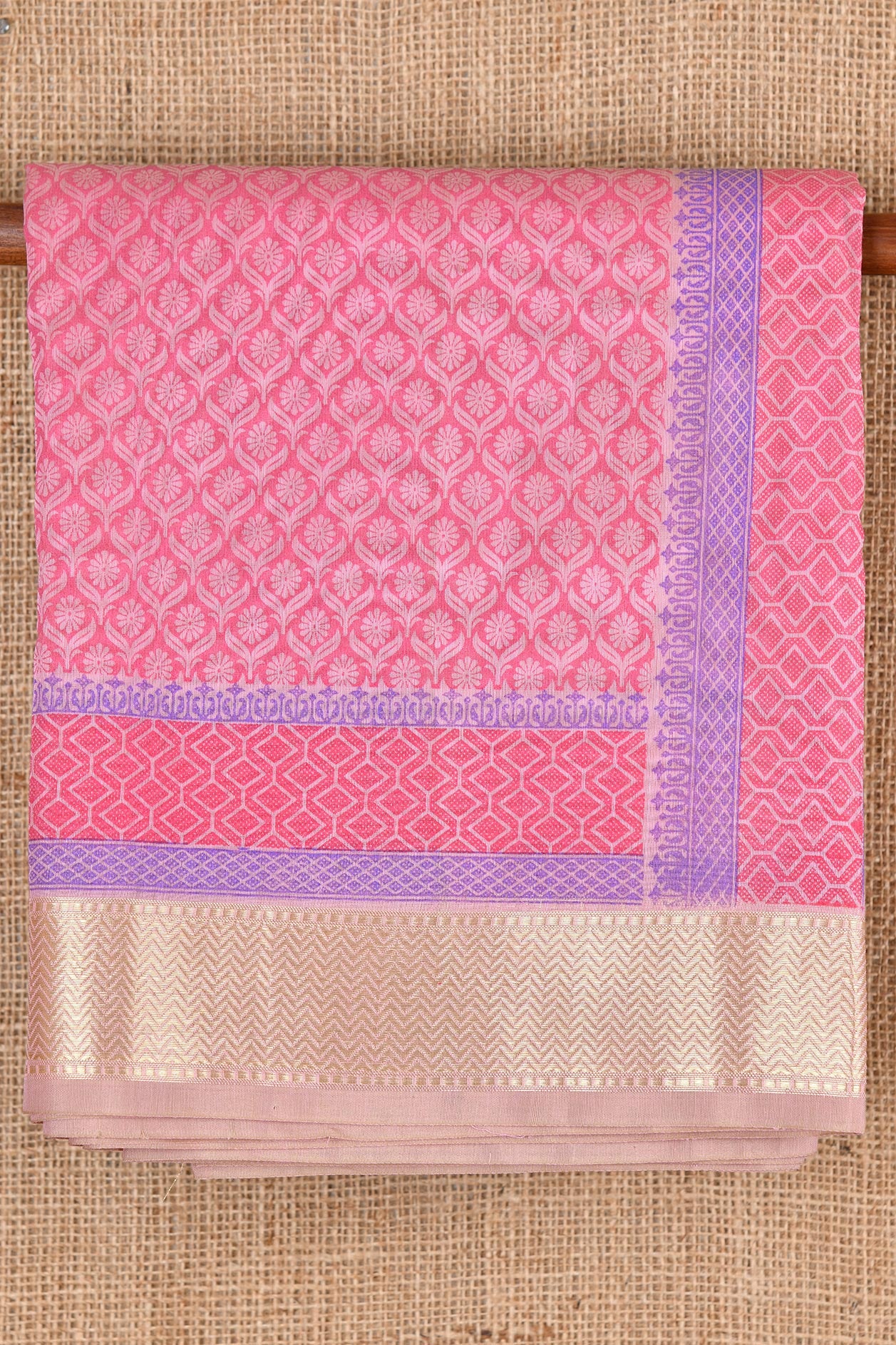  Floral Motif Neon Pink Chanderi Cotton Saree 