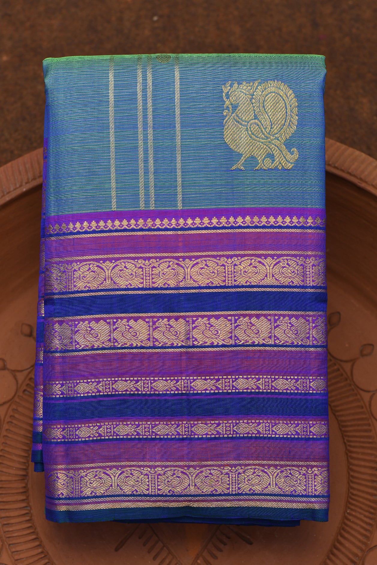  Big Traditional Border With Annam Buttas Teal Blue Kanchipuram Silk Saree 