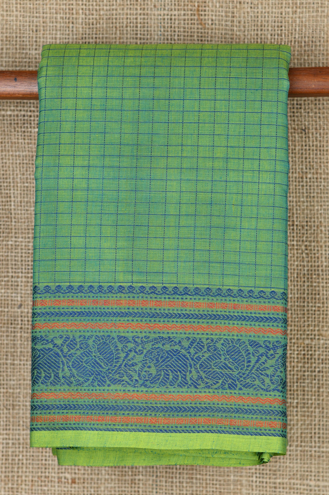  Traditional Thread Work Border With Checks Body Fern Green Coimbatore Cotton Saree 