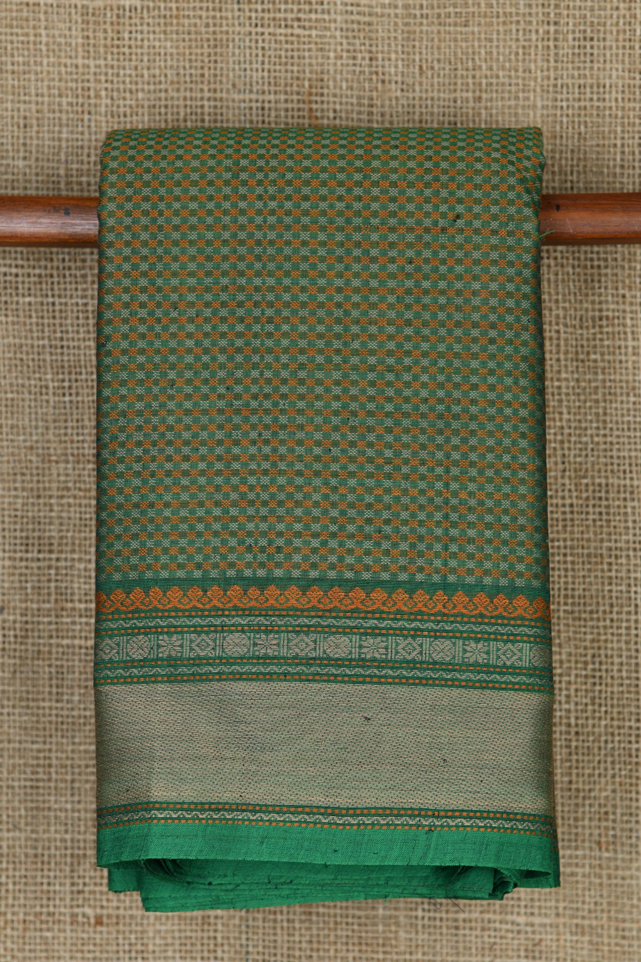  Thread Work Rudraksh Border And Small Checks Body Crocodile Green Coimbatore Cotton Saree 