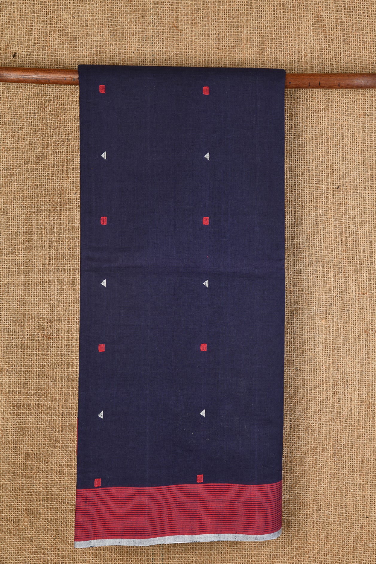  Square And Triangle Motif Navy Blue Hand Spun Cotton Saree 