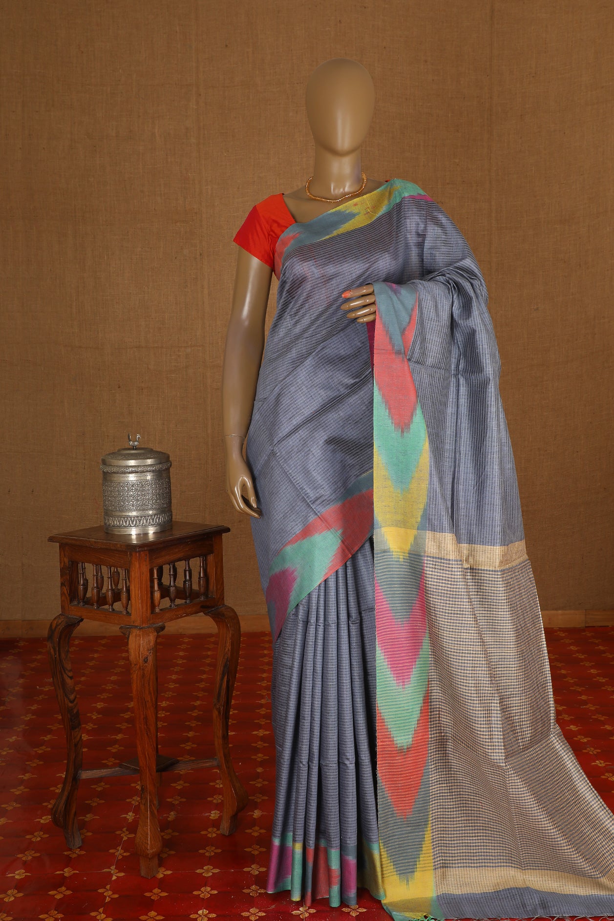  Ikat Border Design Greyish Blue Tussar Silk Saree 