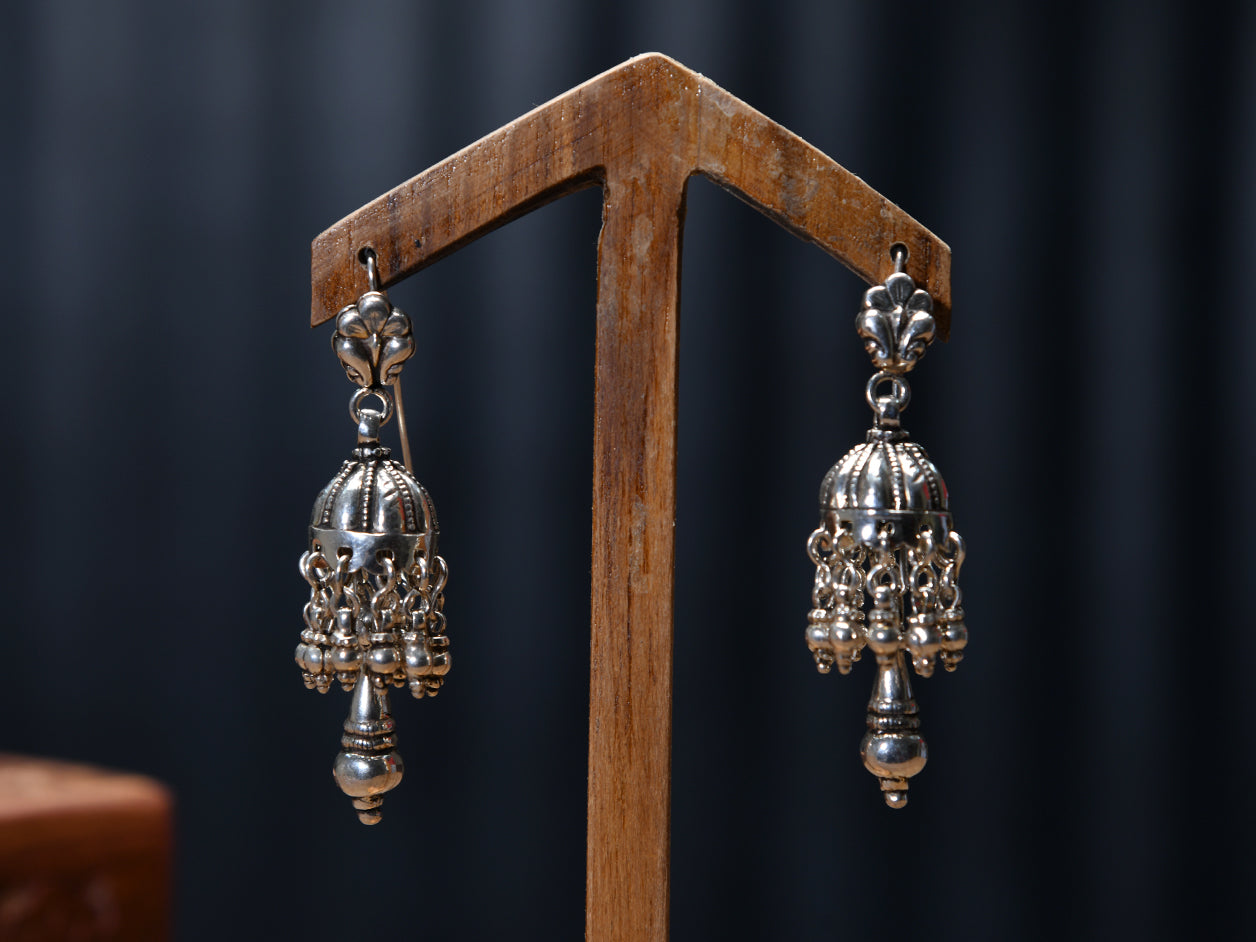  Pure Silver Hook Jhumkas With Silver Beads 