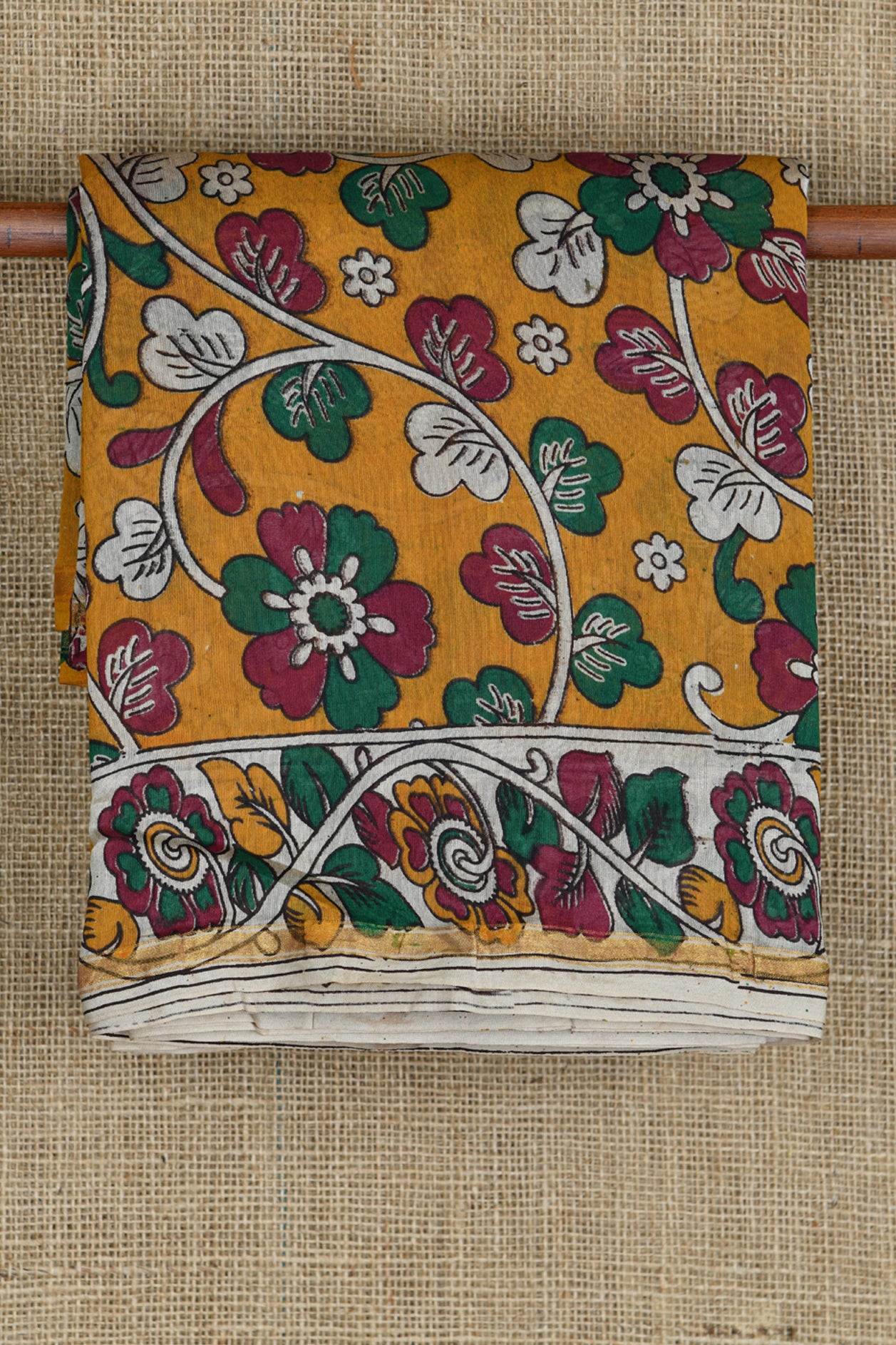  Floral Printed Mustard Kalamkari Chanderi Cotton Saree 