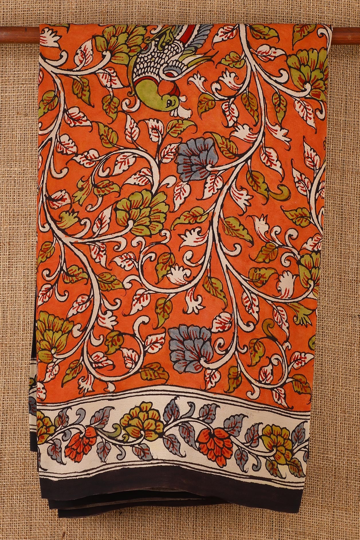  Kalamkari Hand Painted Floral Design Light Coffee Brown Crepe Silk Saree 