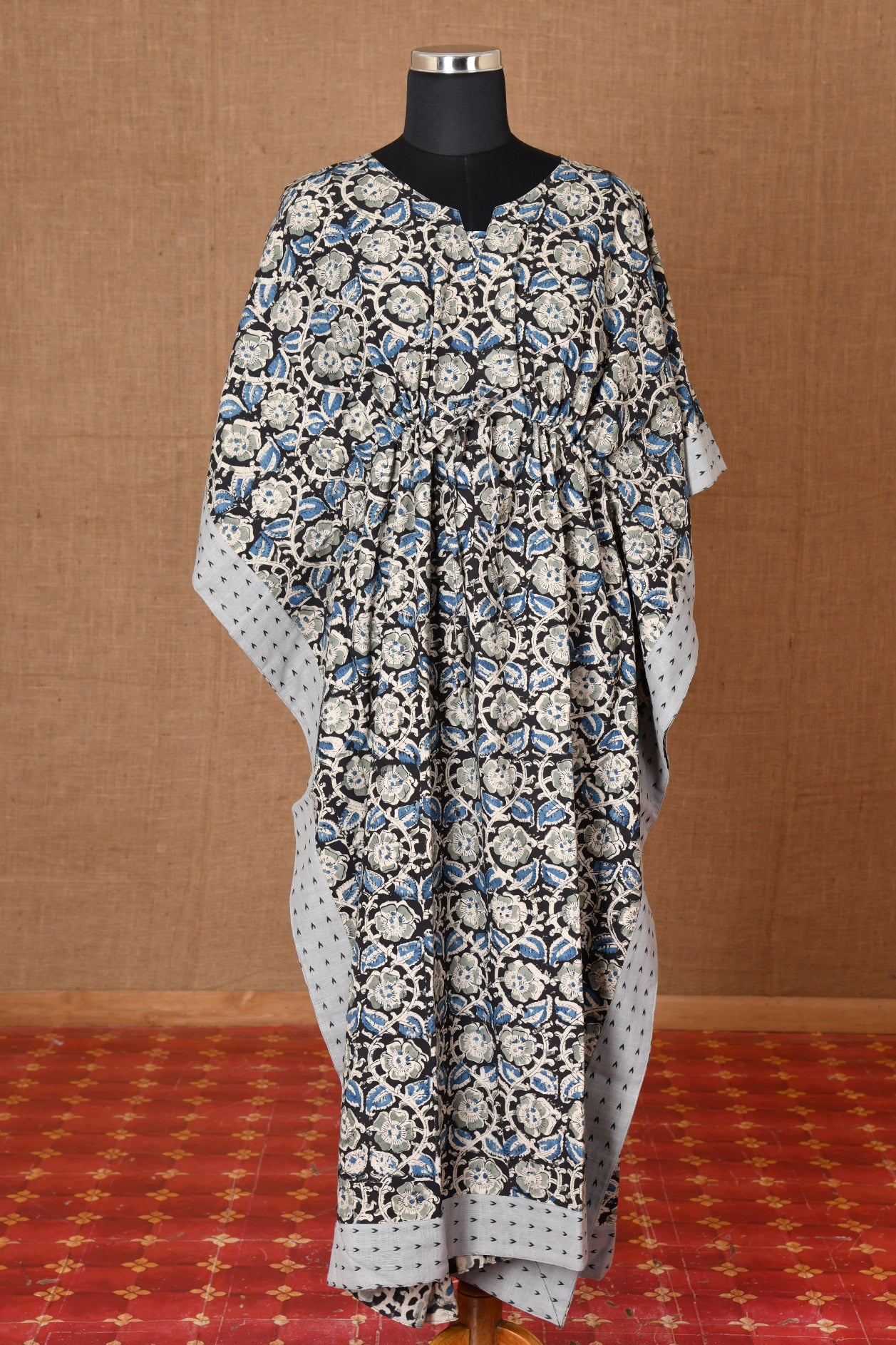  Kalamkari Printed Cotton Black Kaftans Night Wear 