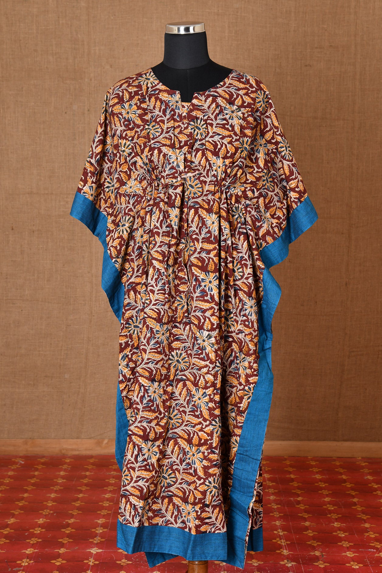  Kalamkari Printed Cotton With Dark Maroon Kaftans Night Wear 