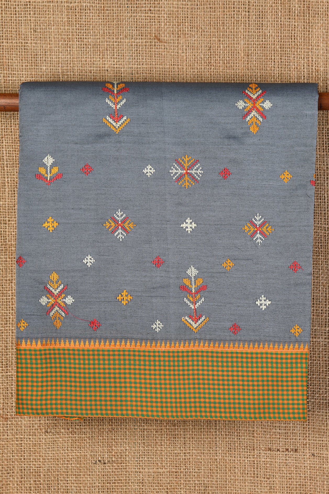  Kasuti Embroidery Work Greyish Blue Dharwad Cotton Saree 