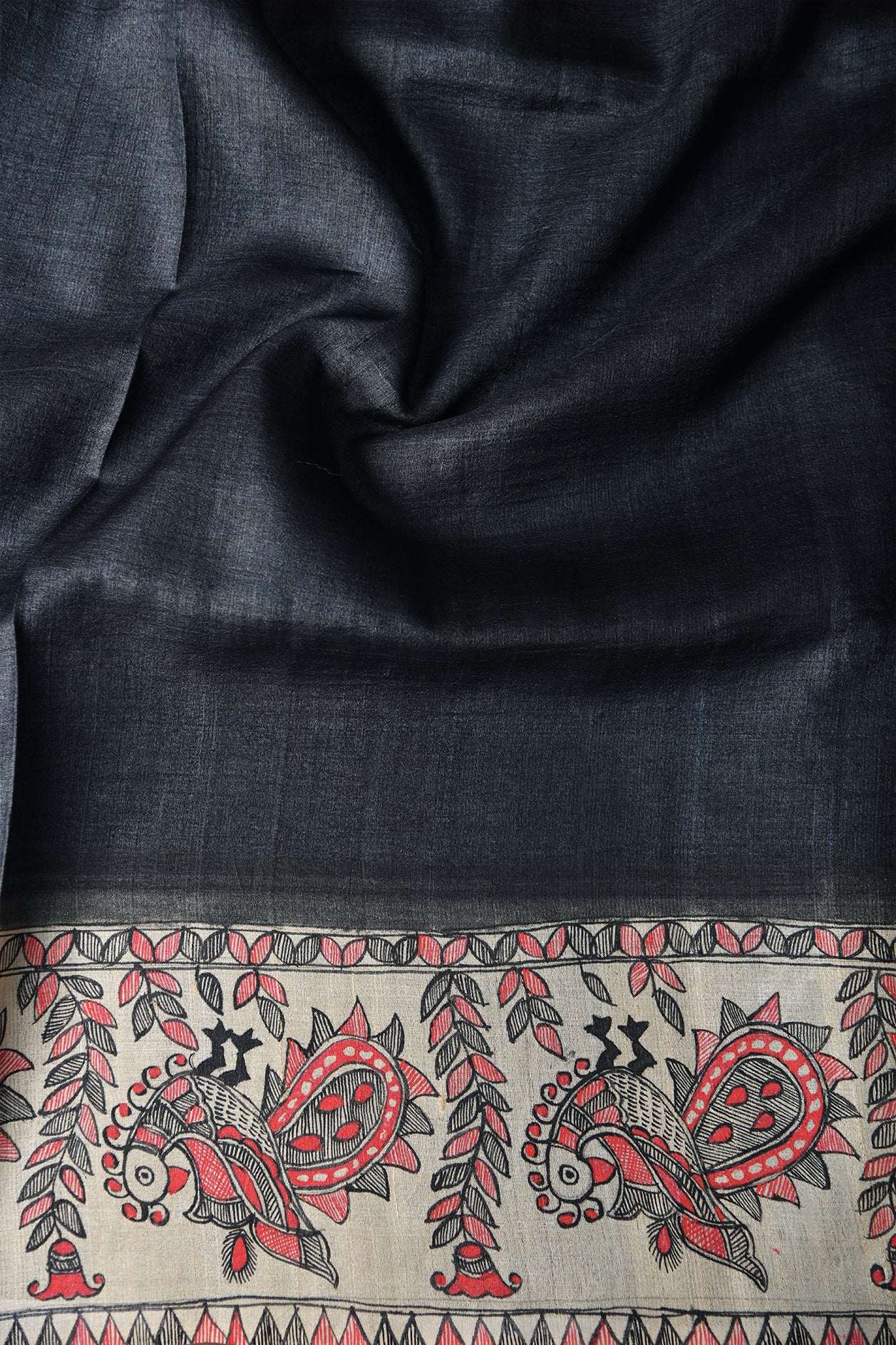  Madhubani Hand Painted Design Black Tussar Saree 