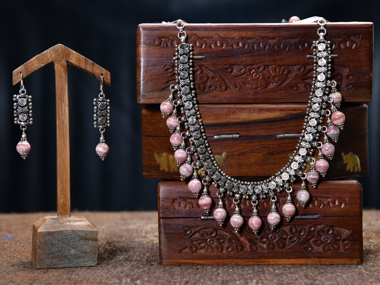  Opal Pink Beads Pure Silver Necklace And Earrings Set 