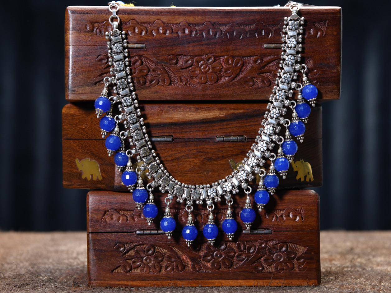  Lapis Beads Oxidised Pure Silver Necklace 