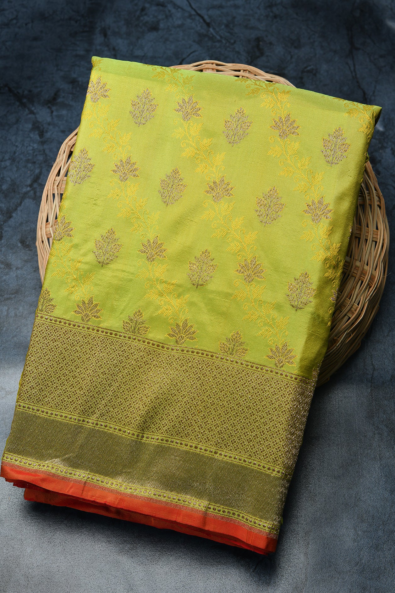  Floral Design Lime Green Banaras Silk Saree 