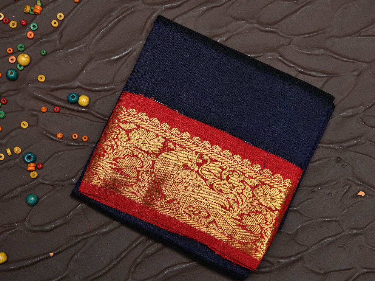  Plain Navy Blue Parrot Border Kanchipuram Silk Pavadai Sattai Material 