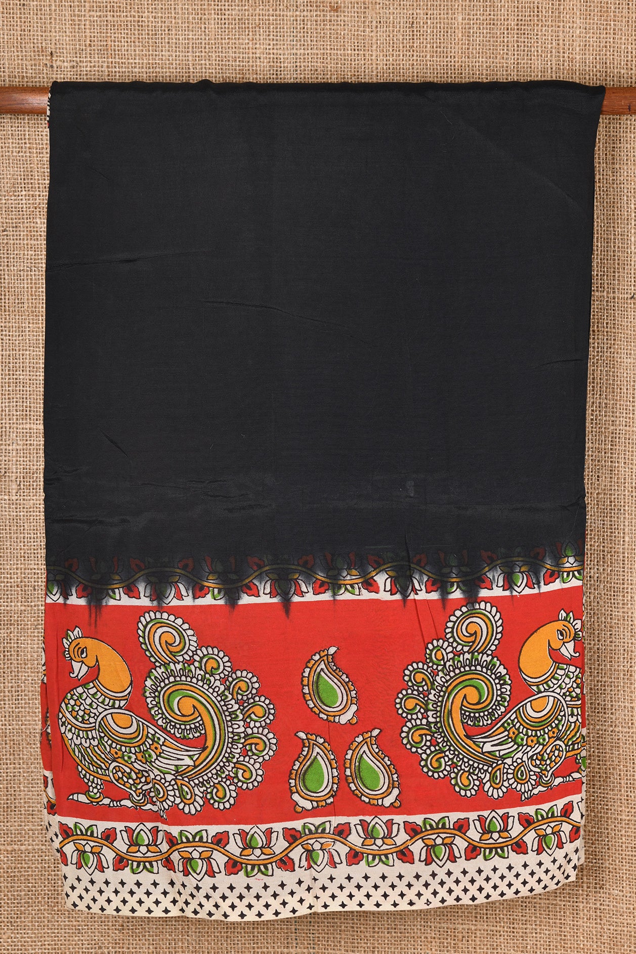  Peacock Border Design Black Kalamkari Semi Silk Saree 